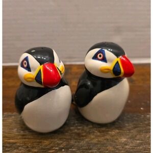 Hand Painted Ceramic Puffin Salt & Pepper Shaker Set Nautical Coastal Birds